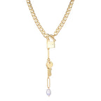 Baroque Pearl Toggle Lariat Necklace - Lock & Key Pendant (Gold-Tone) eprolo