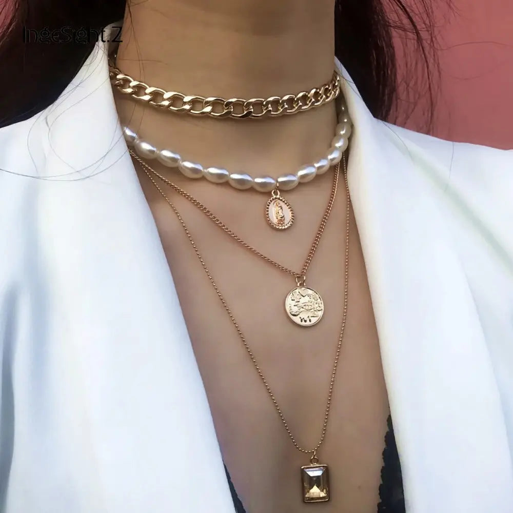 Gold Layered Pearl Choker & Coin Pendant Necklace Set eprolo
