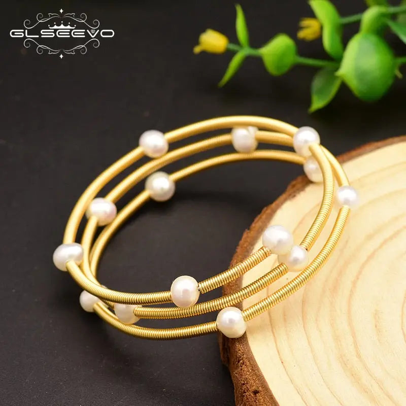 Freshwater Pearl Bangle Bracelet for Women | Handcrafted Multi-Layer Adjustable Sterling Silver eprolo