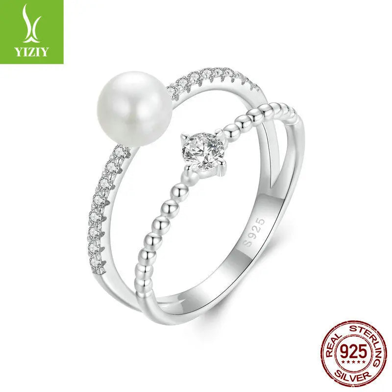 925 Sterling Silver Double-Band Freshwater Pearl and Moissanite Bypass Ring