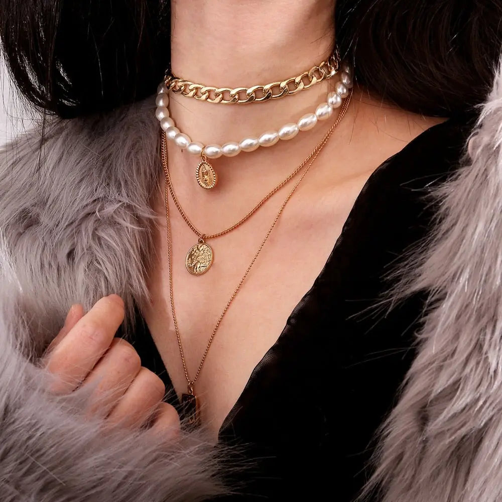 Gold Layered Pearl Choker & Coin Pendant Necklace Set eprolo