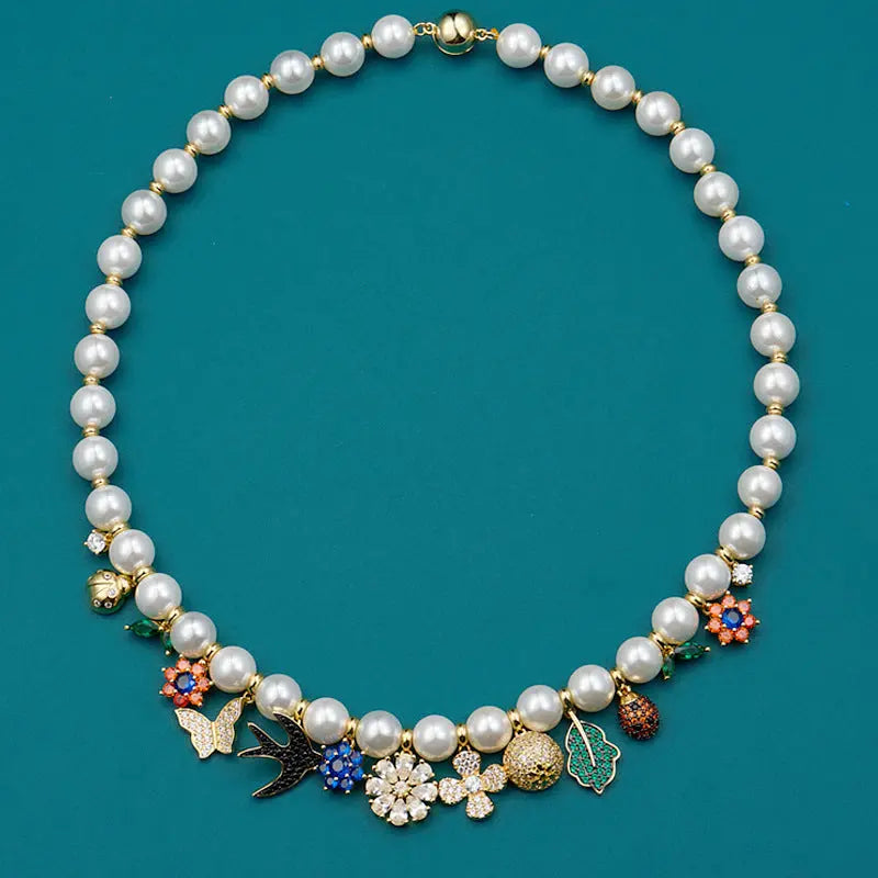 Vintage Pearl Charm Necklace - Retro Floral Choker with Multicolored Charms eprolo