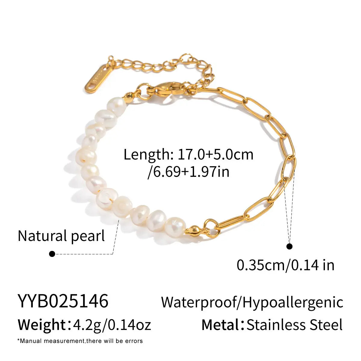 Half Pearl Half Gold Chain Bracelet details with measurements and specifications