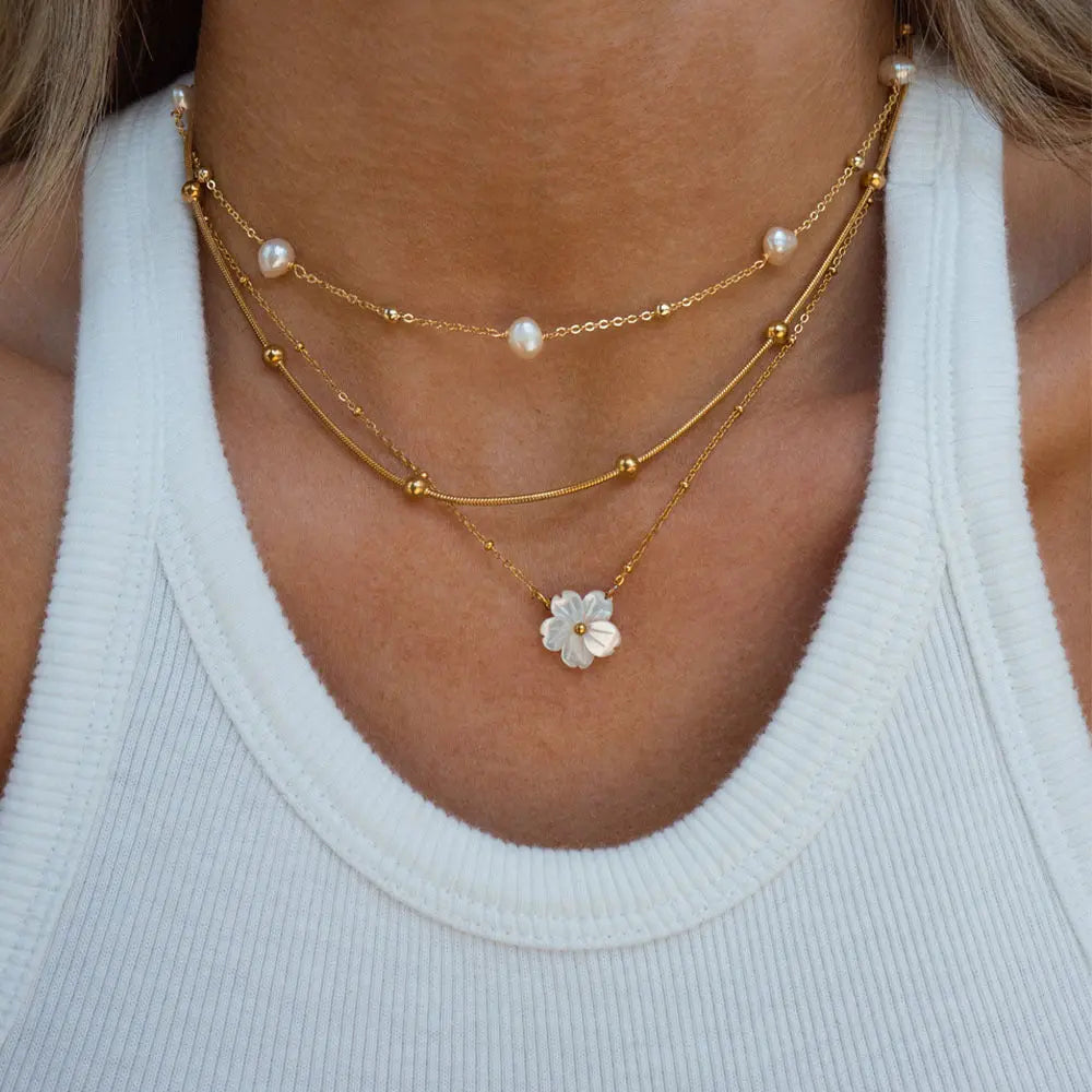 Natural Pearl Necklace Stainless Steel Layered Chain Heart,  Shell Pendant Pretty in Pearls