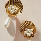 Gold Scallop Shell Pearl Drop Earrings eprolo