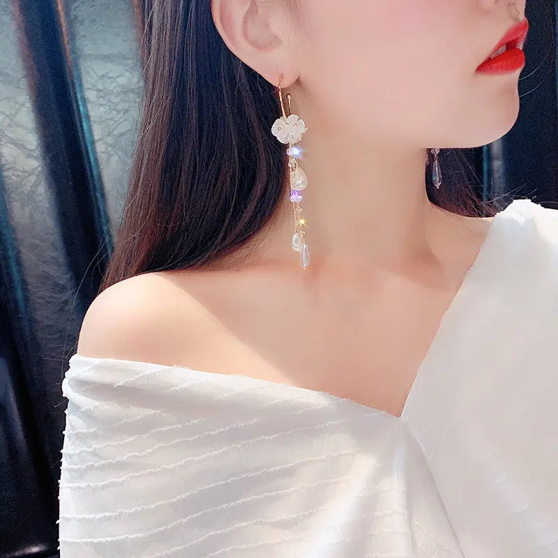 French Long Pearl Tassel Earrings - S925 Silver Needle Crystal Drop Earrings eprolo