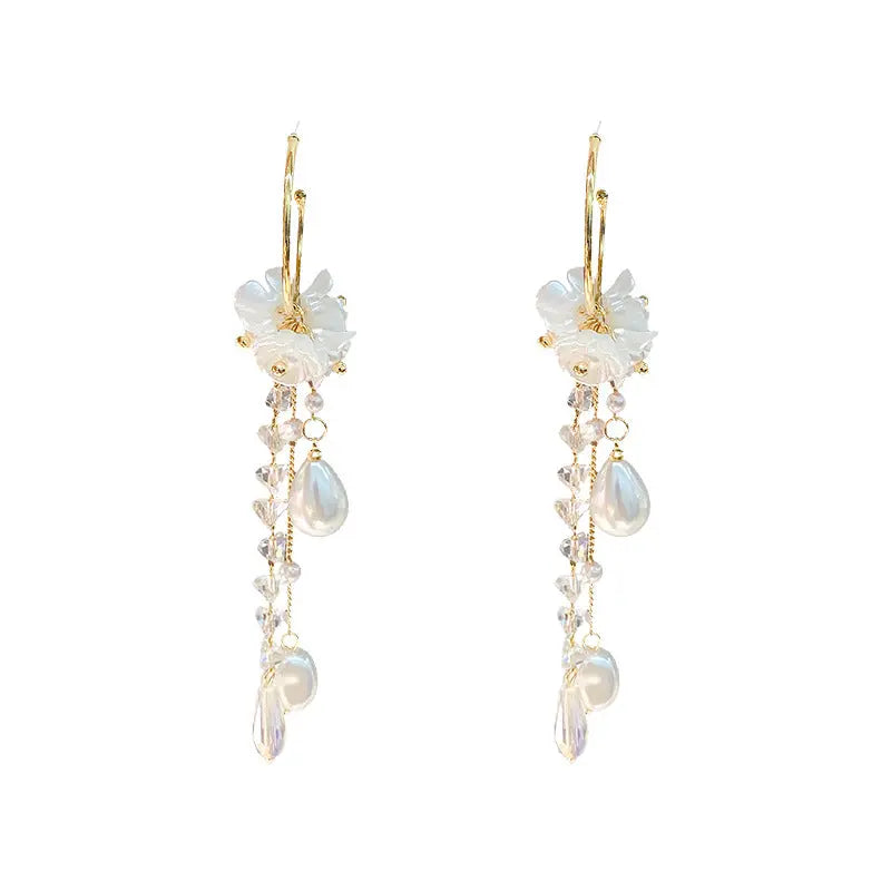 French Long Pearl Tassel Earrings - S925 Silver Needle Crystal Drop Earrings eprolo