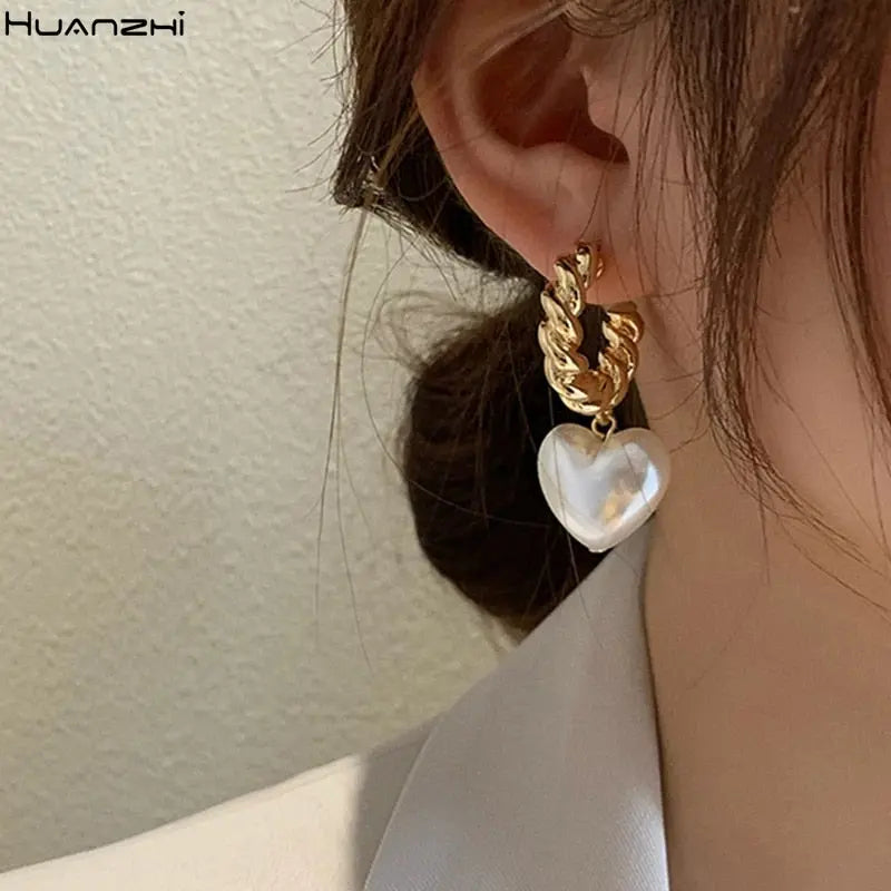 Baroque Pearl Heart Drop Earrings for Women | Gold Geometric Statement Earrings eprolo