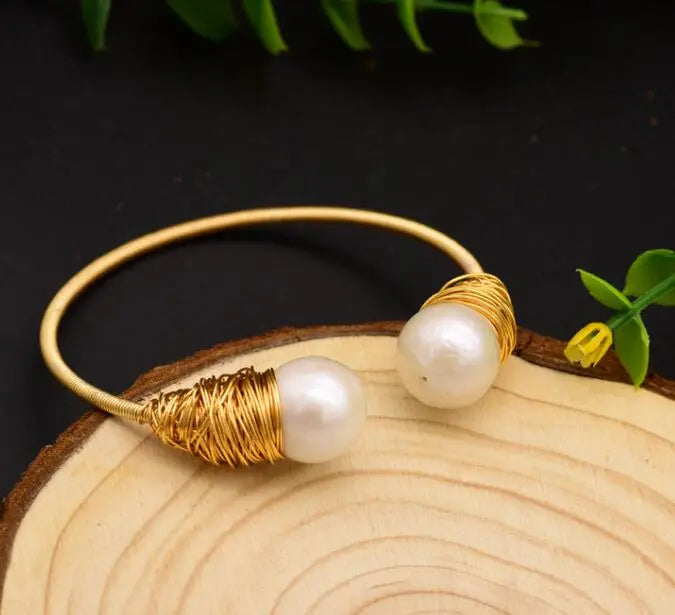 Handcrafted Freshwater Pearl Adjustable Wire Cuff Bangle eprolo