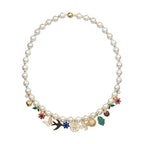 Vintage Pearl Charm Necklace - Retro Floral Choker with Multicolored Charms eprolo
