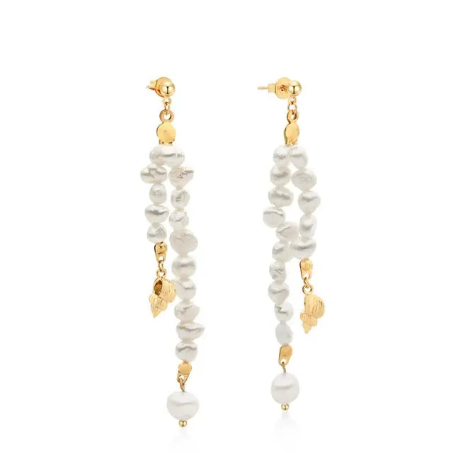 Gold-plated Baroque Freshwater Pearl Conch Drop Earrings on a seamless white background