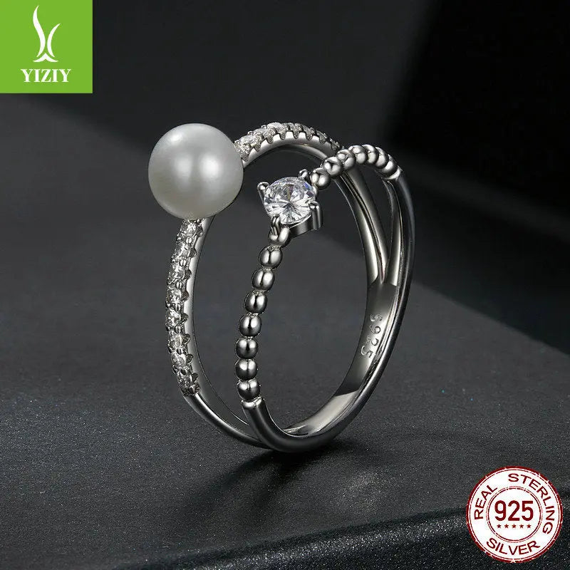 Double-Band Sterling Silver Ring with Cultured Pearl and Sparkling Moissanite