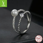 Double-Band Sterling Silver Ring with Cultured Pearl and Sparkling Moissanite