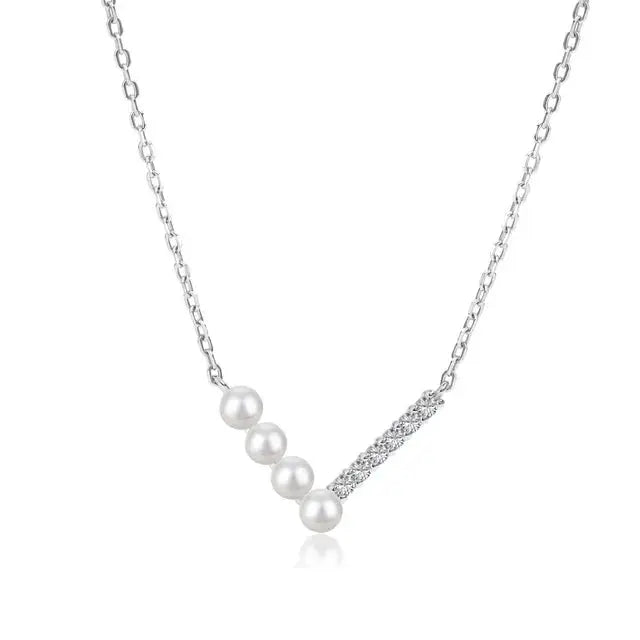 Sterling Silver V-Shape Pearl & Crystal Clavicle Necklace eprolo