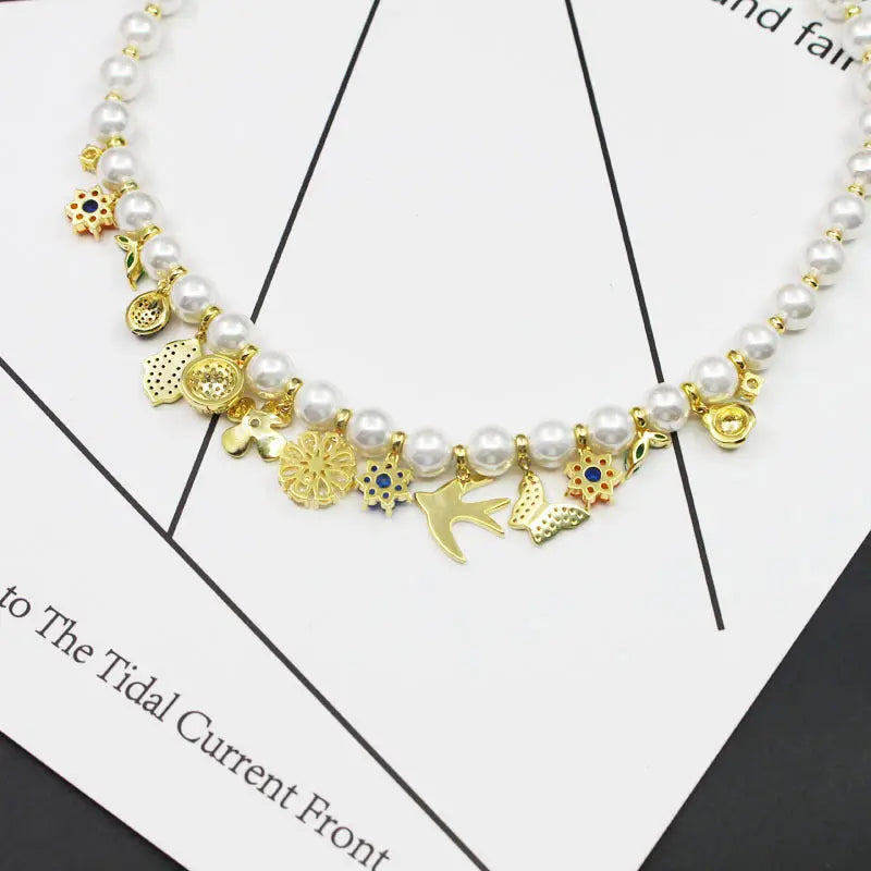 Vintage Pearl Charm Necklace - Retro Floral Choker with Multicolored Charms eprolo