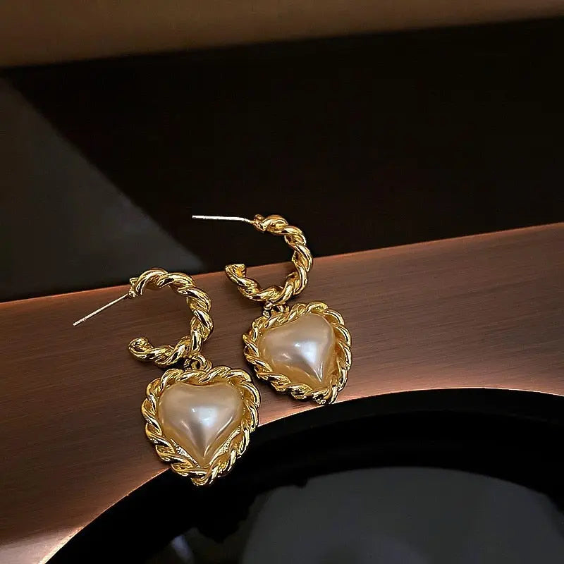 Baroque Pearl Heart Drop Earrings for Women | Gold Geometric Statement Earrings eprolo