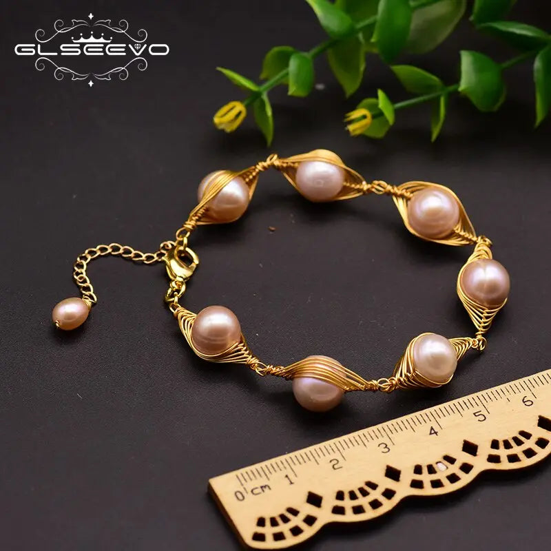 Handmade Pink Pearl Bracelet - Gold Wire Wrapped Freshwater Pearls for Women eprolo