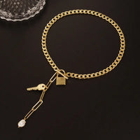 Baroque Pearl Toggle Lariat Necklace - Lock & Key Pendant (Gold-Tone) eprolo