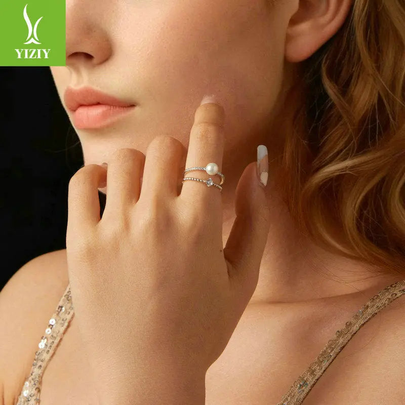 Elegant Double-Band Stackable S925 Silver Ring with Luminous Pearl and Solitaire Moissanite