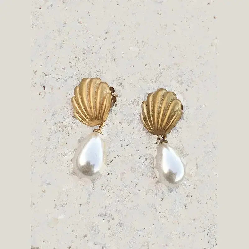 Vintage Pearl Dangle Earrings Gold - Shell Drop Earrings eprolo