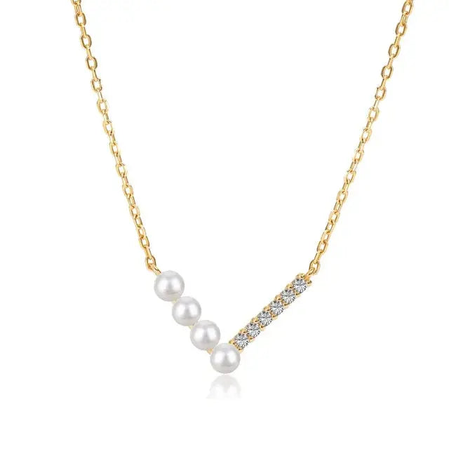 Sterling Silver V-Shape Pearl & Crystal Clavicle Necklace eprolo