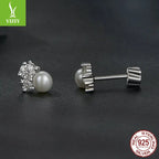 S925 sterling silver moissanite pearl stud earrings on textured gray background