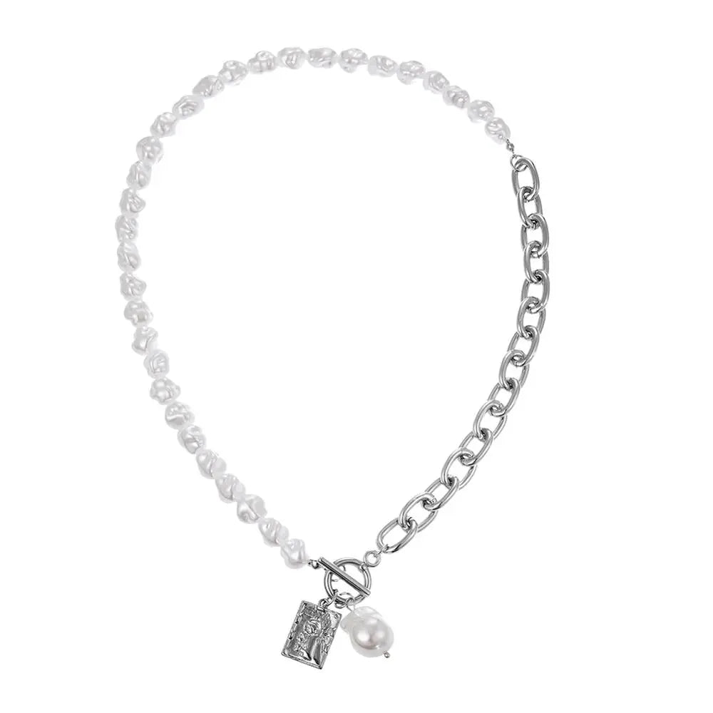 Asymmetric Baroque Pearl Toggle Necklace with Angel Pendant eprolo
