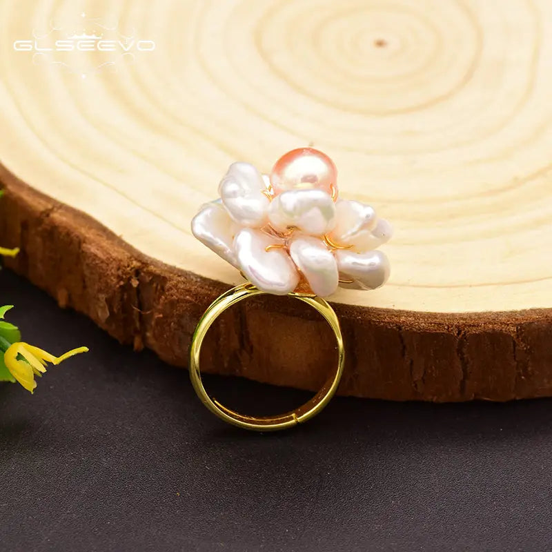 Baroque Pink Pearl Flower Ring for Women | 925 Sterling Silver Adjustable Band eprolo