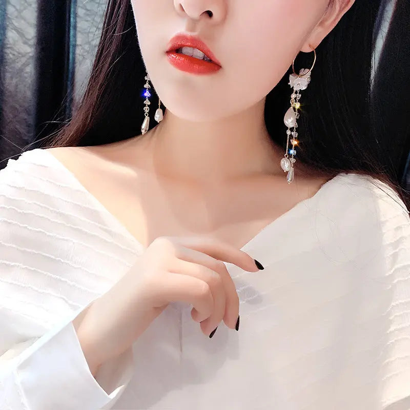 French Long Pearl Tassel Earrings - S925 Silver Needle Crystal Drop Earrings eprolo