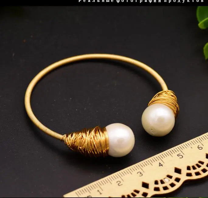 Handcrafted Freshwater Pearl Adjustable Wire Cuff Bangle eprolo