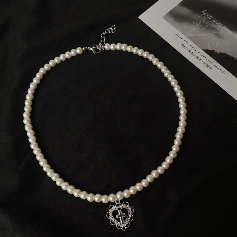 Gothic Pearl Choker Necklace with Heart Cross Pendant eprolo