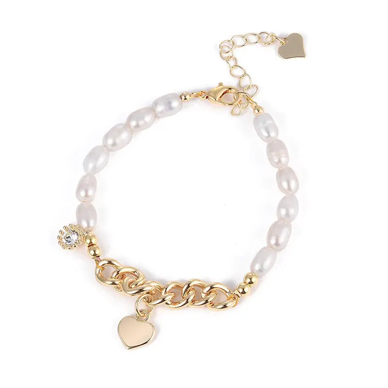 Gold link chain and freshwater pearl charm bracelet with adjustable lobster clasp