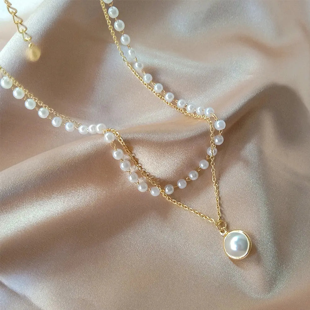 Double Layer Pearl Choker Necklace with Pendant | Effortless Stacked Pearl Jewelry eprolo