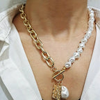 Asymmetric Baroque Pearl Toggle Necklace with Angel Pendant eprolo