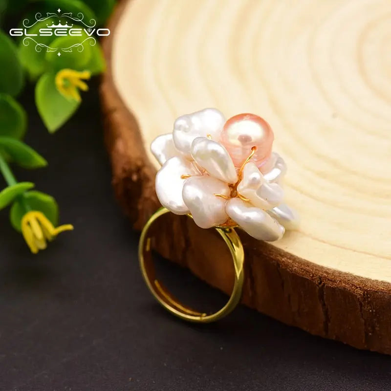 Baroque Pink Pearl Flower Ring for Women | 925 Sterling Silver Adjustable Band eprolo