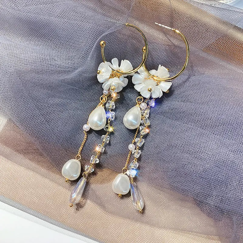 French Long Pearl Tassel Earrings - S925 Silver Needle Crystal Drop Earrings eprolo