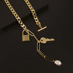 Baroque Pearl Toggle Lariat Necklace - Lock & Key Pendant (Gold-Tone) eprolo