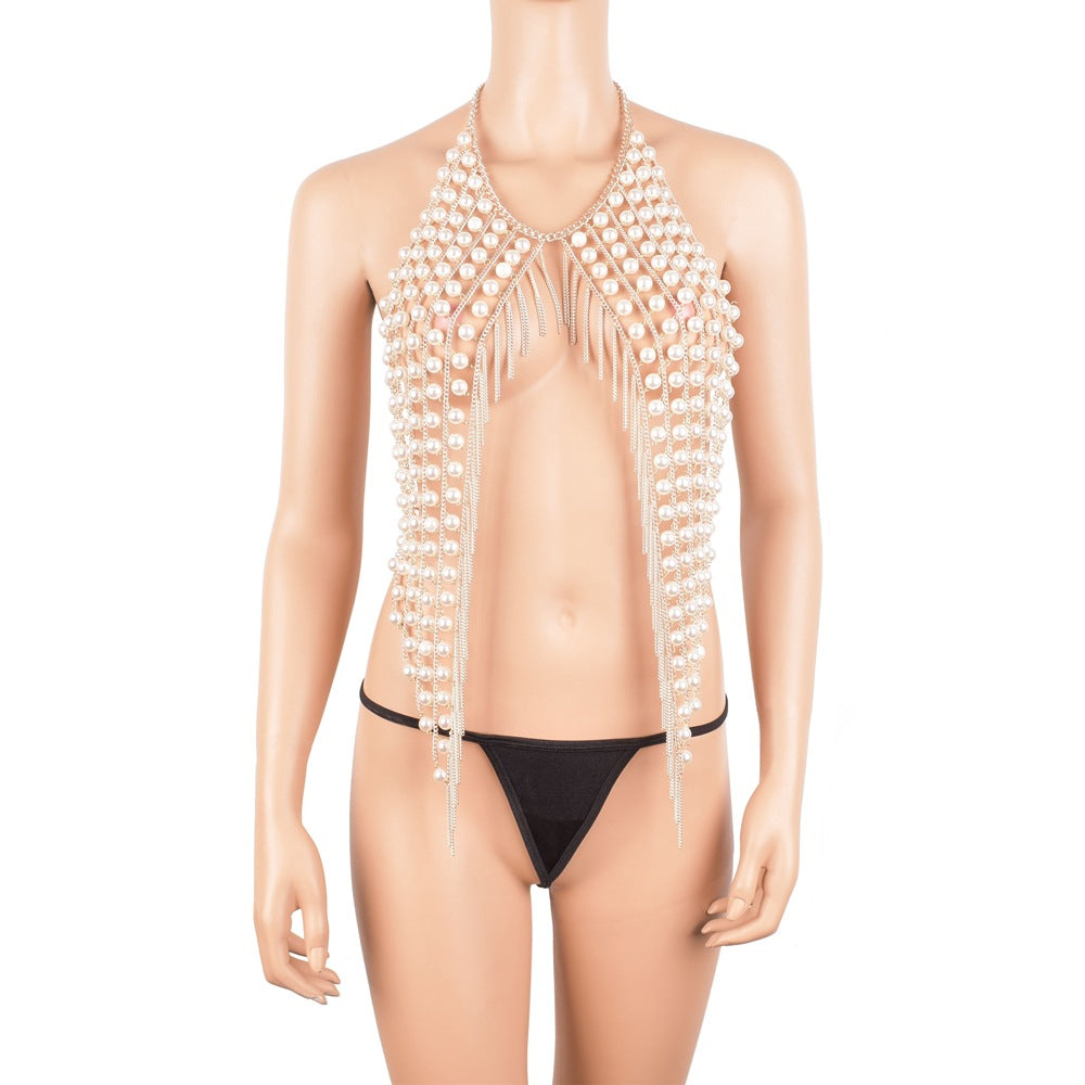 Halter-style pearl and chain drape top front view