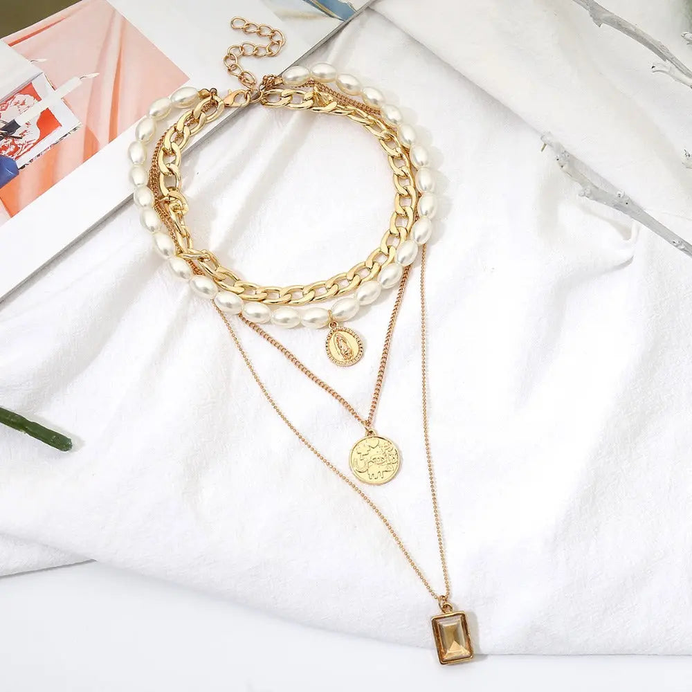 Gold Layered Pearl Choker & Coin Pendant Necklace Set eprolo