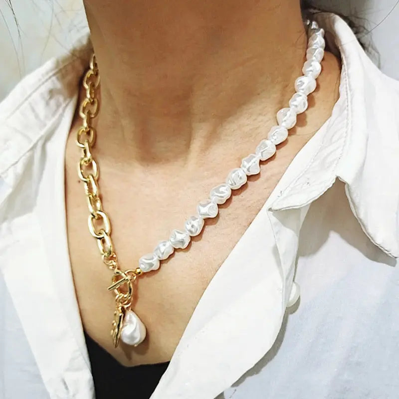 Asymmetric Baroque Pearl Toggle Necklace with Angel Pendant eprolo