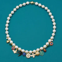 Vintage Pearl Charm Necklace - Retro Floral Choker with Multicolored Charms eprolo