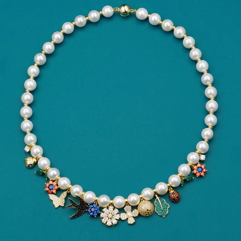 Vintage Pearl Charm Necklace - Retro Floral Choker with Multicolored Charms eprolo