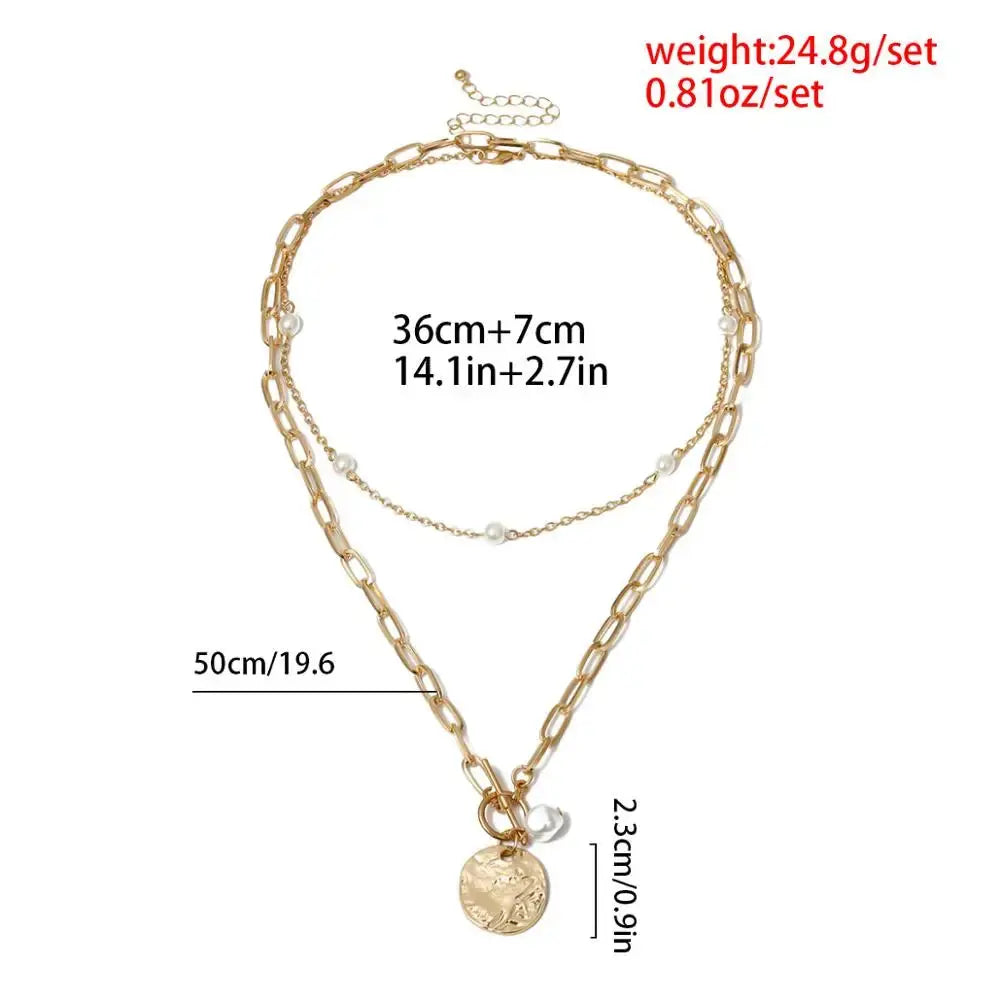 Gothic Baroque Pearl Coin Pendant Lariat Choker Necklace - Gold Layered Chain eprolo