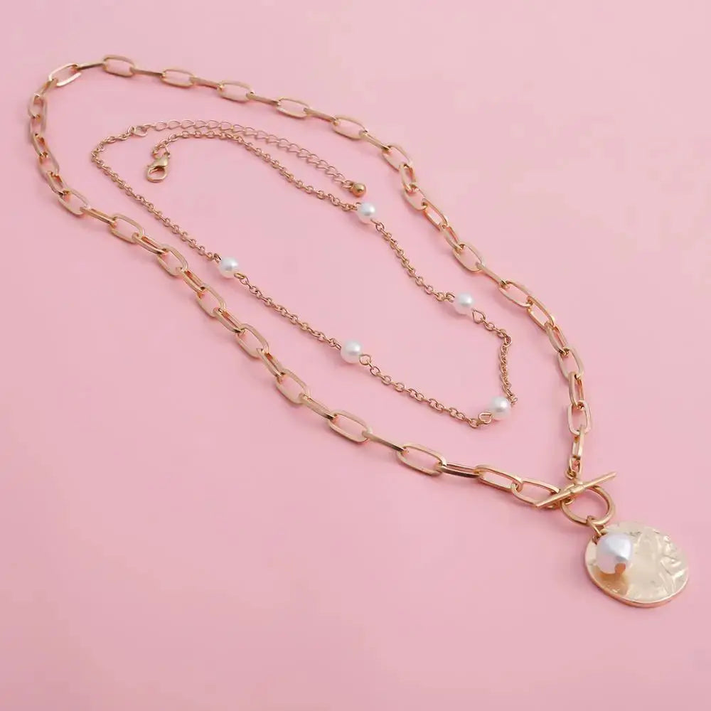 Gothic Baroque Pearl Coin Pendant Lariat Choker Necklace - Gold Layered Chain eprolo