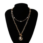Gothic Baroque Pearl Coin Pendant Lariat Choker Necklace - Gold Layered Chain eprolo