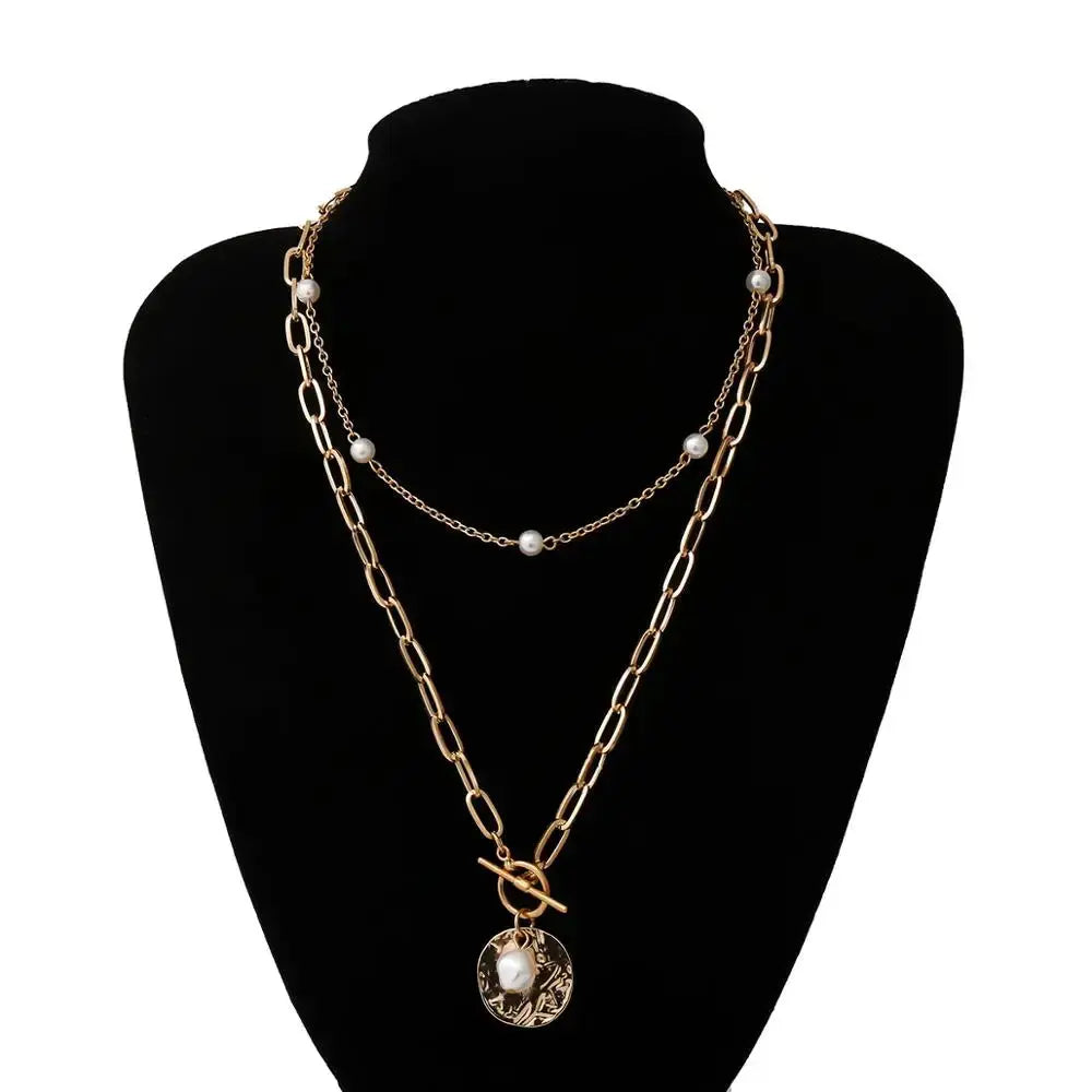 Gothic Baroque Pearl Coin Pendant Lariat Choker Necklace - Gold Layered Chain eprolo