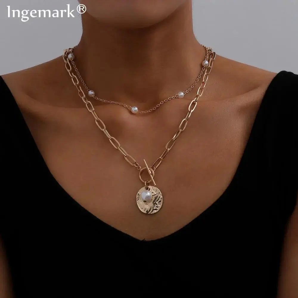 Gothic Baroque Pearl Coin Pendant Lariat Choker Necklace - Gold Layered Chain eprolo