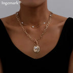 Gothic Baroque Pearl Coin Pendant Lariat Choker Necklace - Gold Layered Chain eprolo