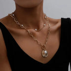 Gothic Baroque Pearl Coin Pendant Lariat Choker Necklace - Gold Layered Chain eprolo
