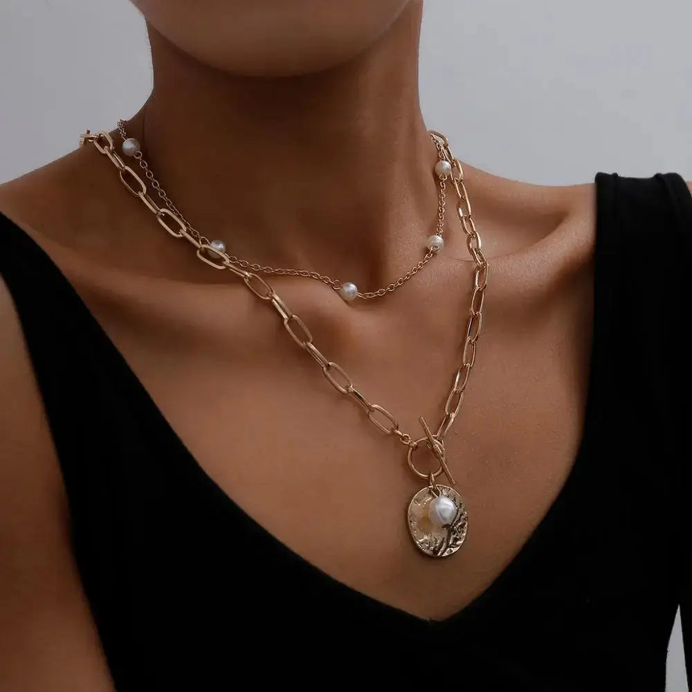 Gothic Baroque Pearl Coin Pendant Lariat Choker Necklace - Gold Layered Chain eprolo
